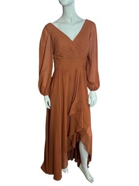 Pomuyoo V-Neck Long Sleeve Asymmetrical Chiffon Dress Cinnamon Size 14 NWOT